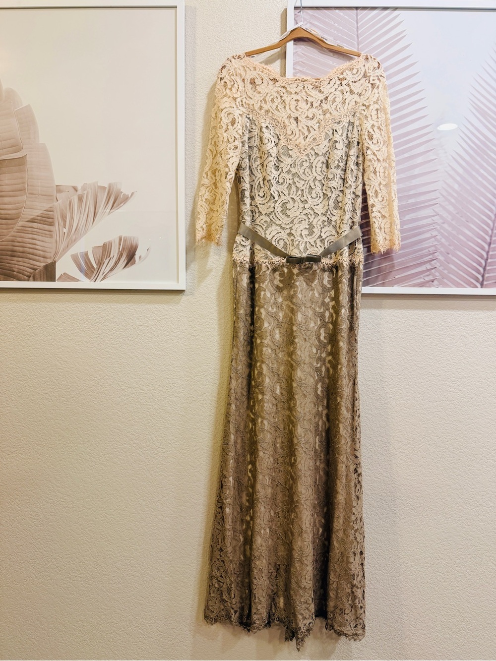 Tadashi Shoji Lace Gown in Champagne and Taupe